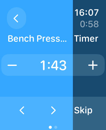 Apple Watchのタイマー画面。『Bench Press』の休憩タイマーが1分43秒に設定されており、残り時間と現在時刻が表示されている。