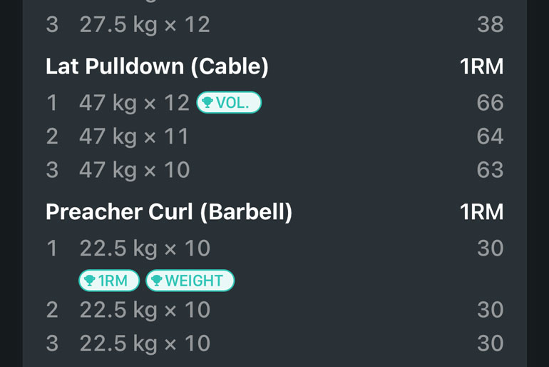 Lat PulldownやPreacher Curlなどのトレーニング種目の詳細な記録画面。各セットの重量と回数、1RMやボリュームの指標も表示されている。