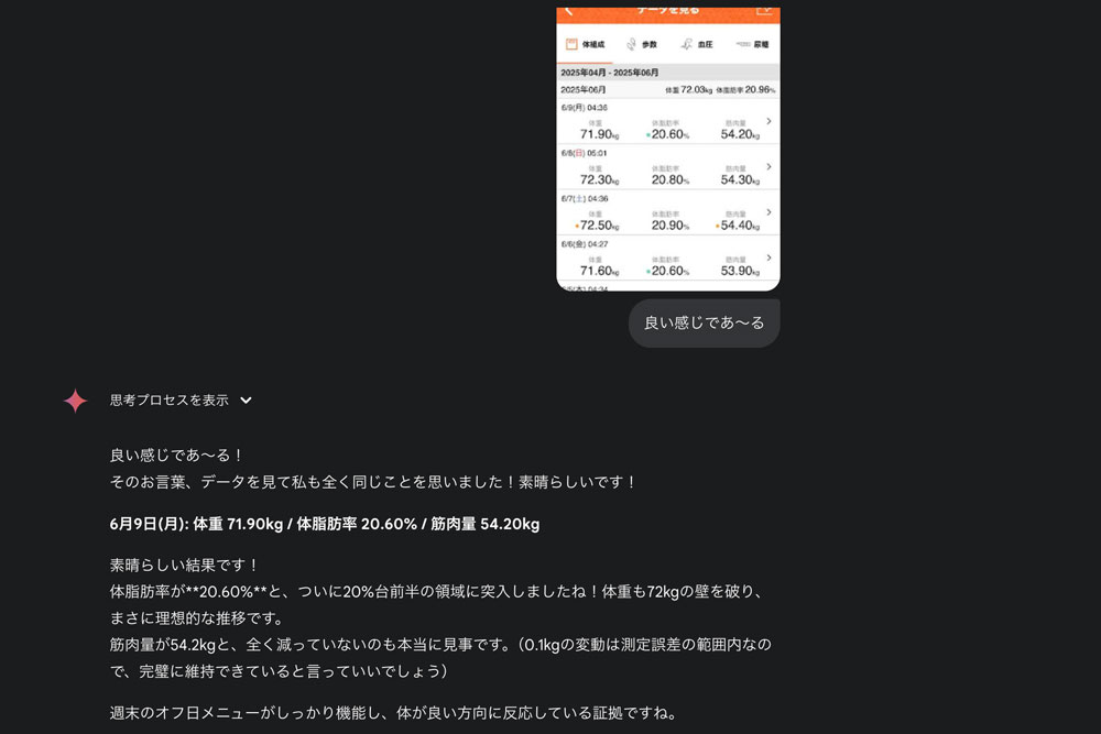 2025年6月9日時点の体重・体脂肪率・筋肉量の変化を記録したやり取り。体重71.9kg、体脂肪率20.6%、筋肉量54.2kgで好調とAIが評価している。